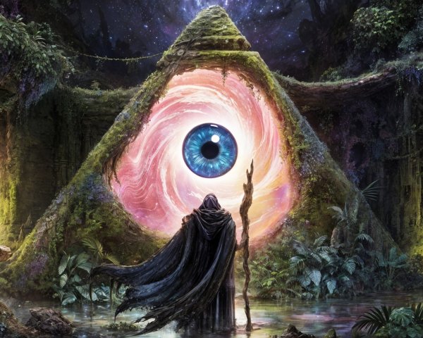 Hooded Figure at Ancient Triangular Portal with Glow