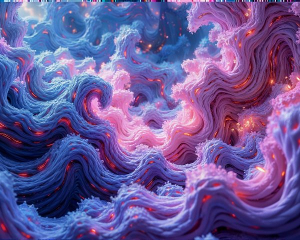 Abstract Landscape with Textured Waves in Pink and Blue