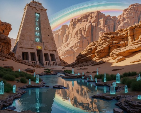 Surreal Landscape with Towering Structure and River
