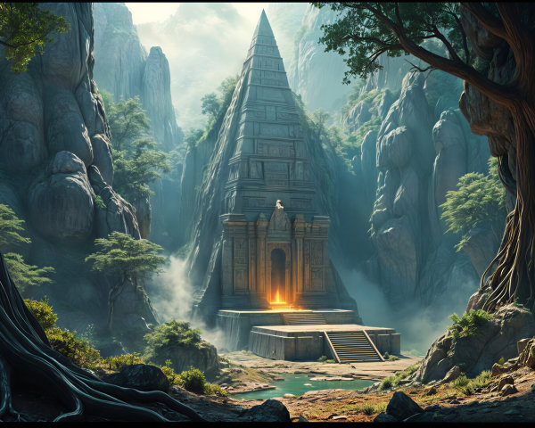 Ancient Temple Surrounded by Cliffs and Lush Greenery