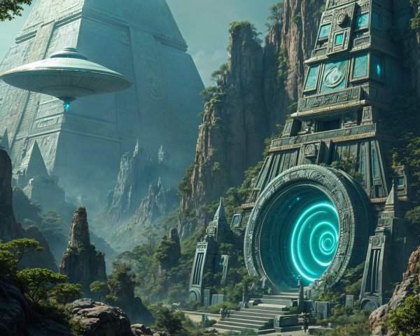 Futuristic Landscape with Alien Structures and Gateway