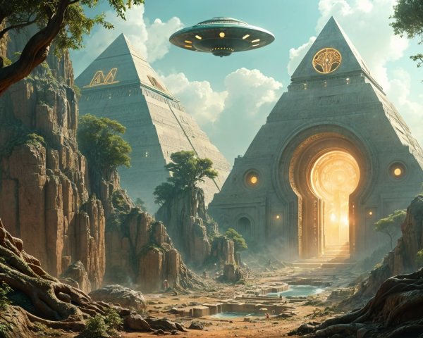 Futuristic Landscape with Pyramids and UFOs