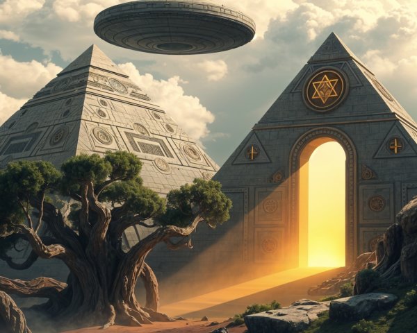 Mystical Landscape with Pyramids and UFOs