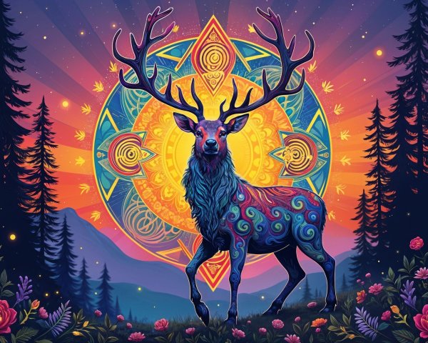 Vibrant Stag with Mandala and Twilight Mountains