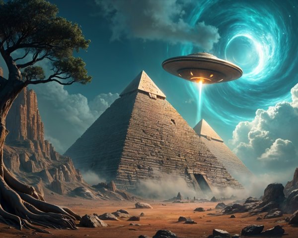 Surreal Landscape with Pyramids and UFO Portal