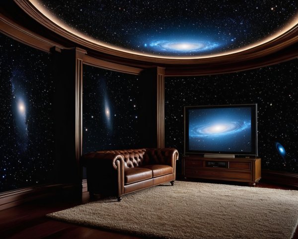 Modern Living Space with Cosmic Decor and Leather Sofa