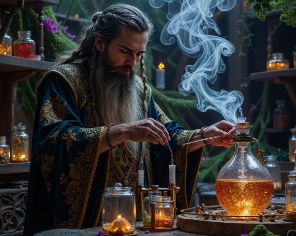 Mystical Apothecary with Alchemist and Bubbling Potion