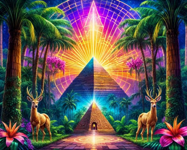 Mystical Landscape with Deer and Glowing Pyramids