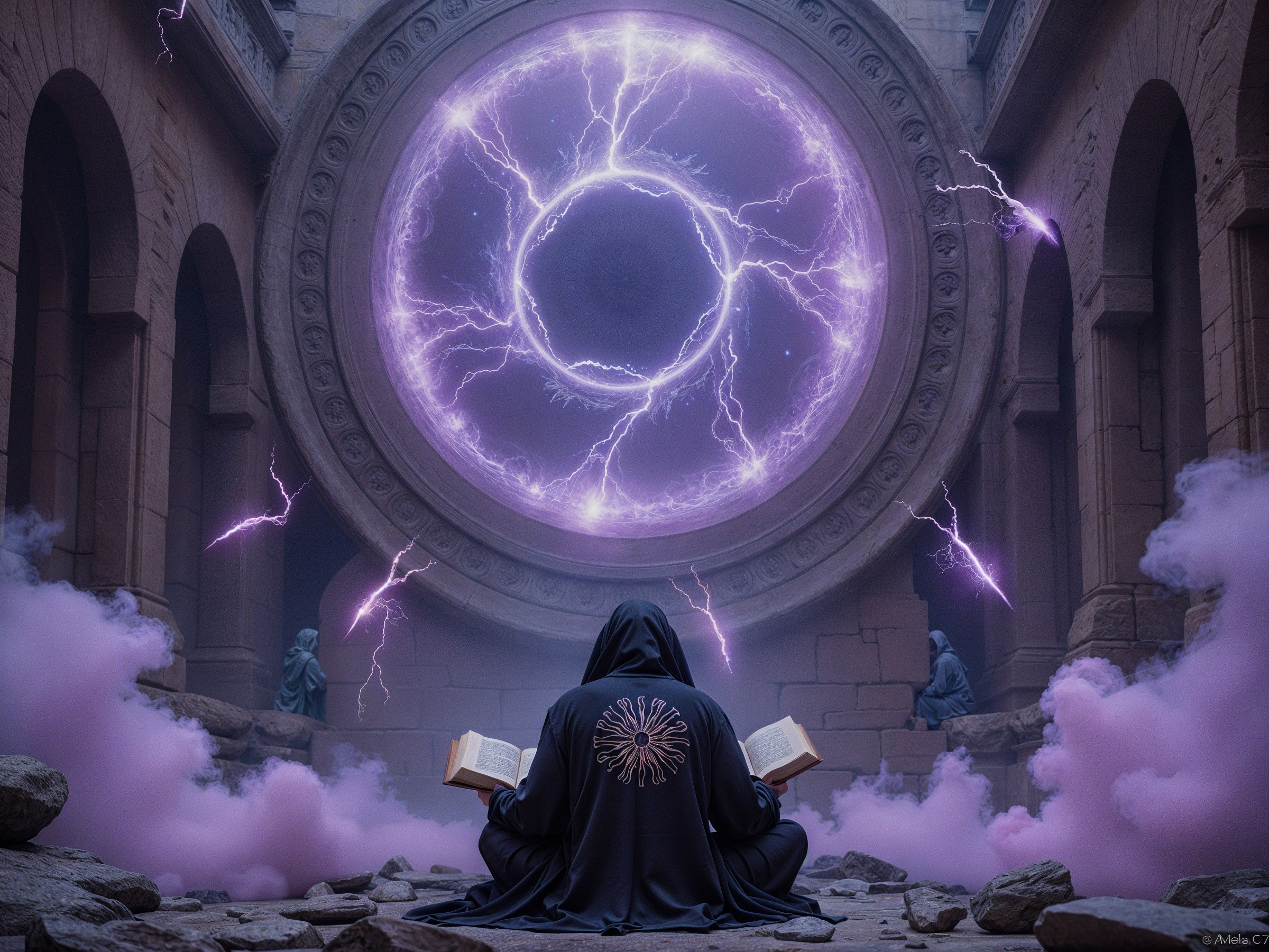 Robed Figure Among Ancient Ruins with Magical Portal