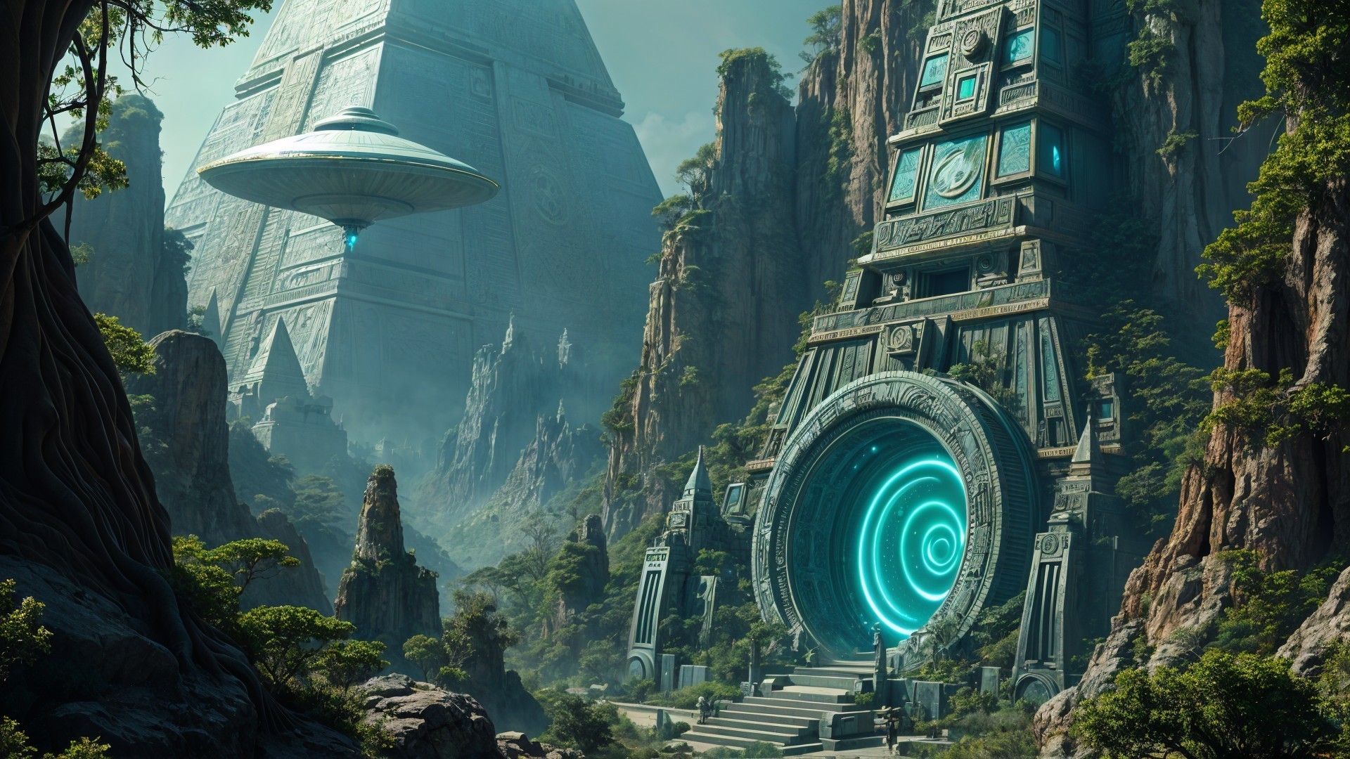 Futuristic Landscape with Alien Structures and Gateway