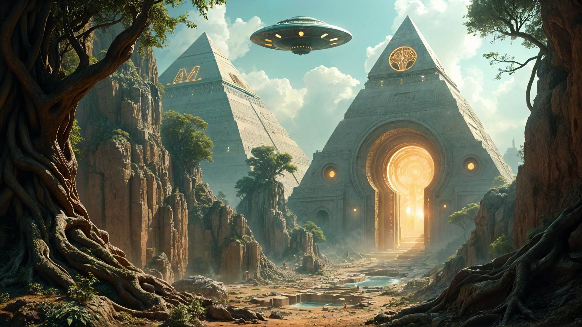 Futuristic Landscape with Pyramids and UFOs