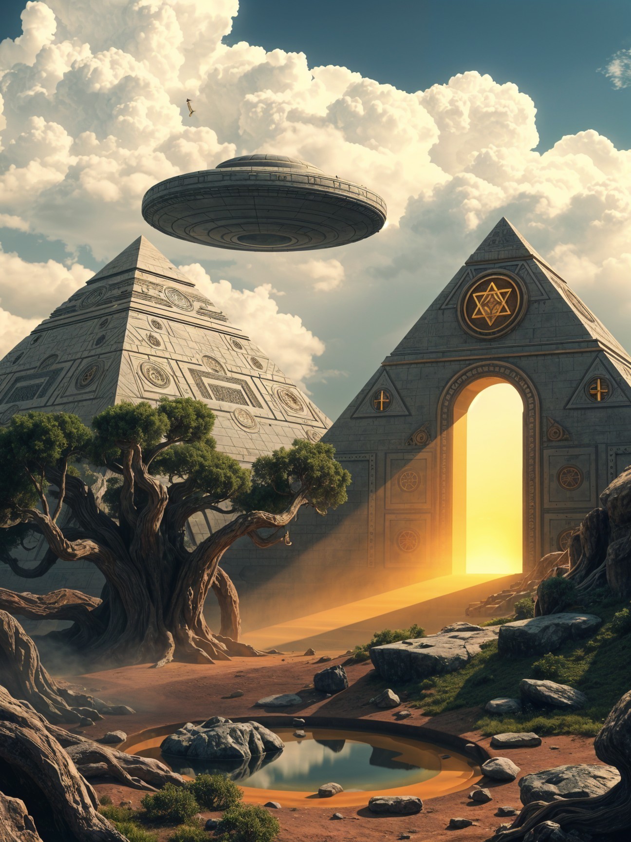 Mystical Landscape with Pyramids and UFOs