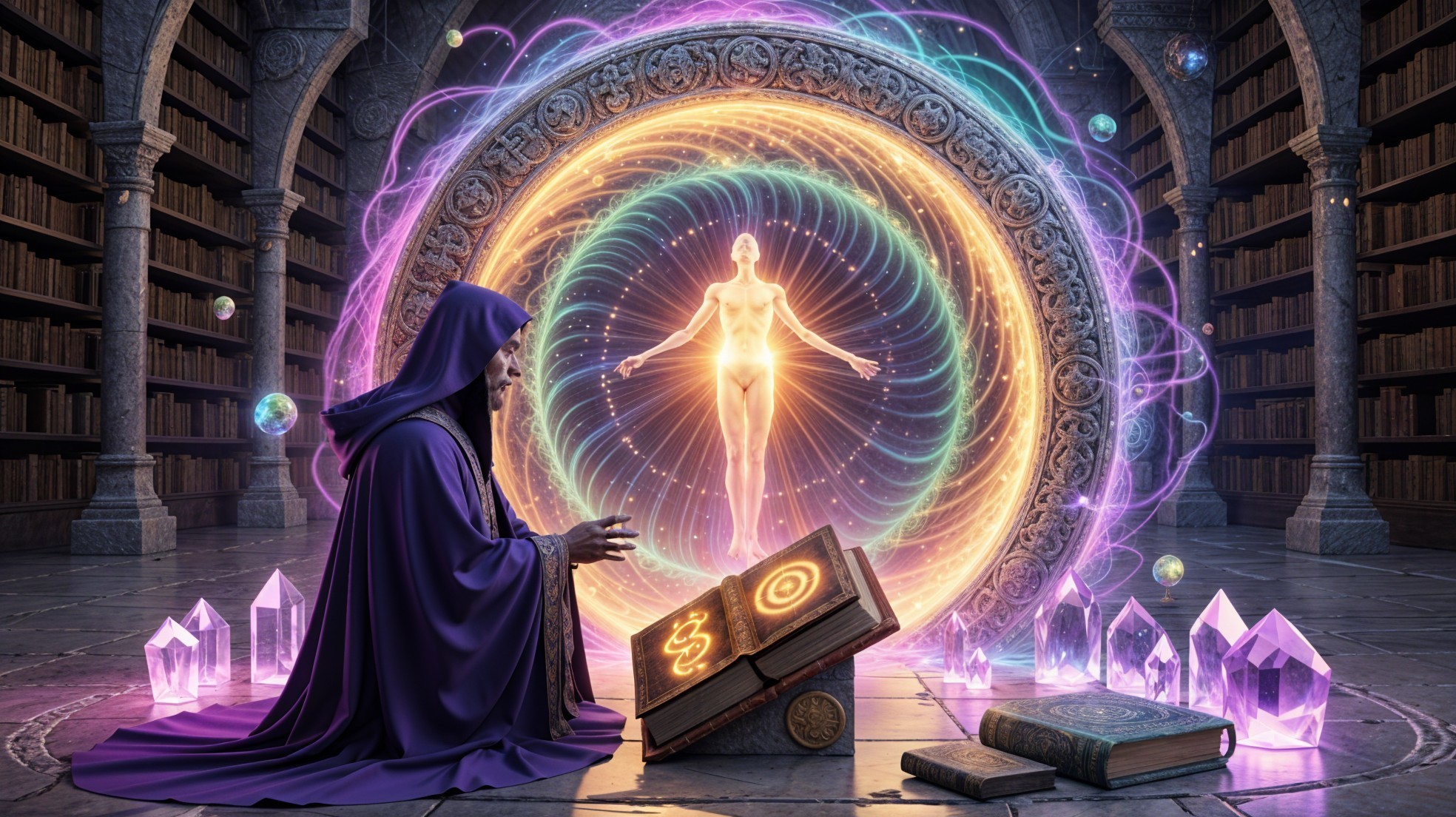 Elderly Figure in Mystic Library with Glowing Portal