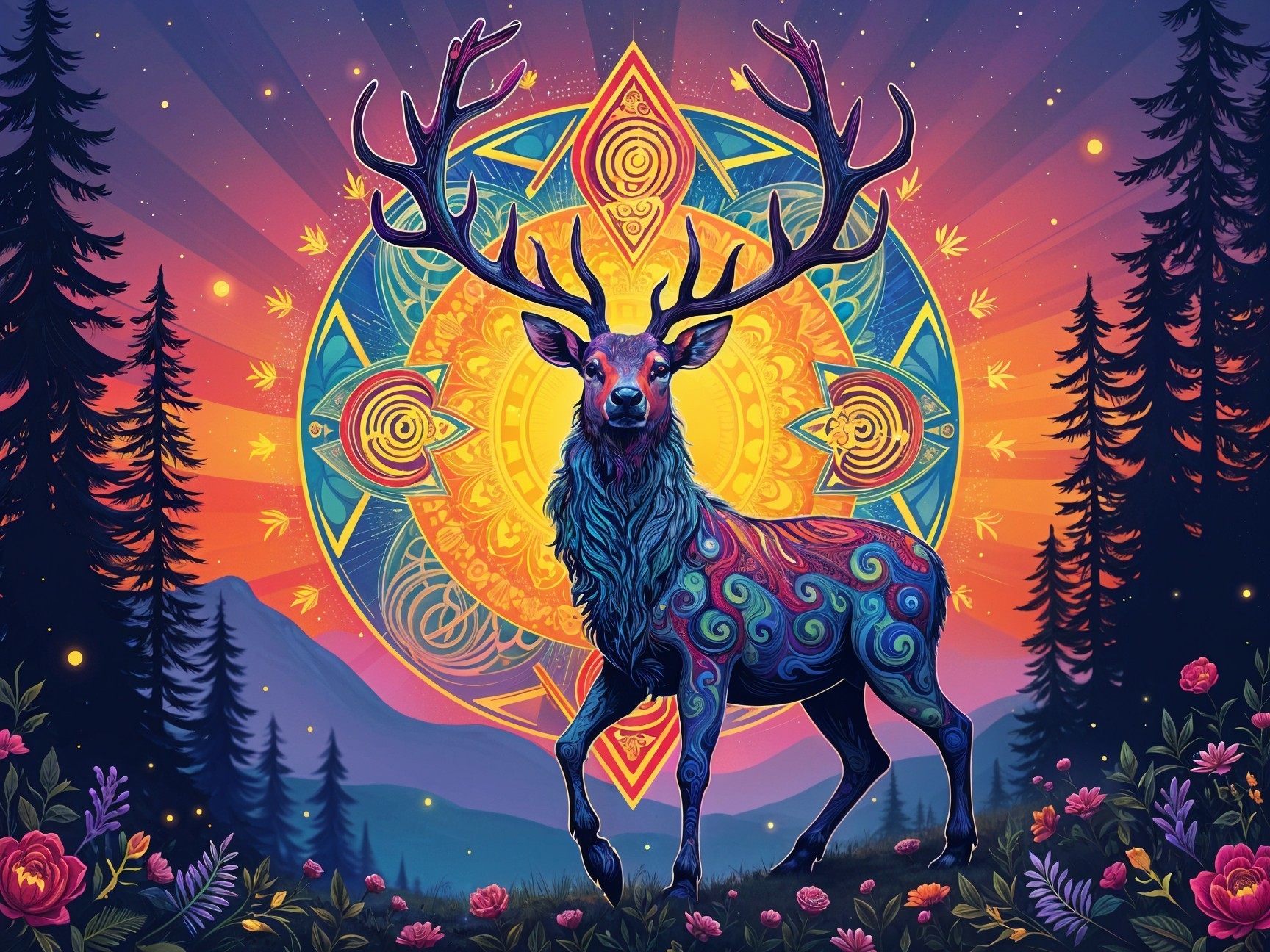 Vibrant Stag with Mandala and Twilight Mountains