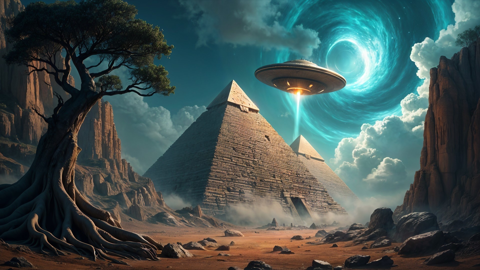 Surreal Landscape with Pyramids and UFO Portal
