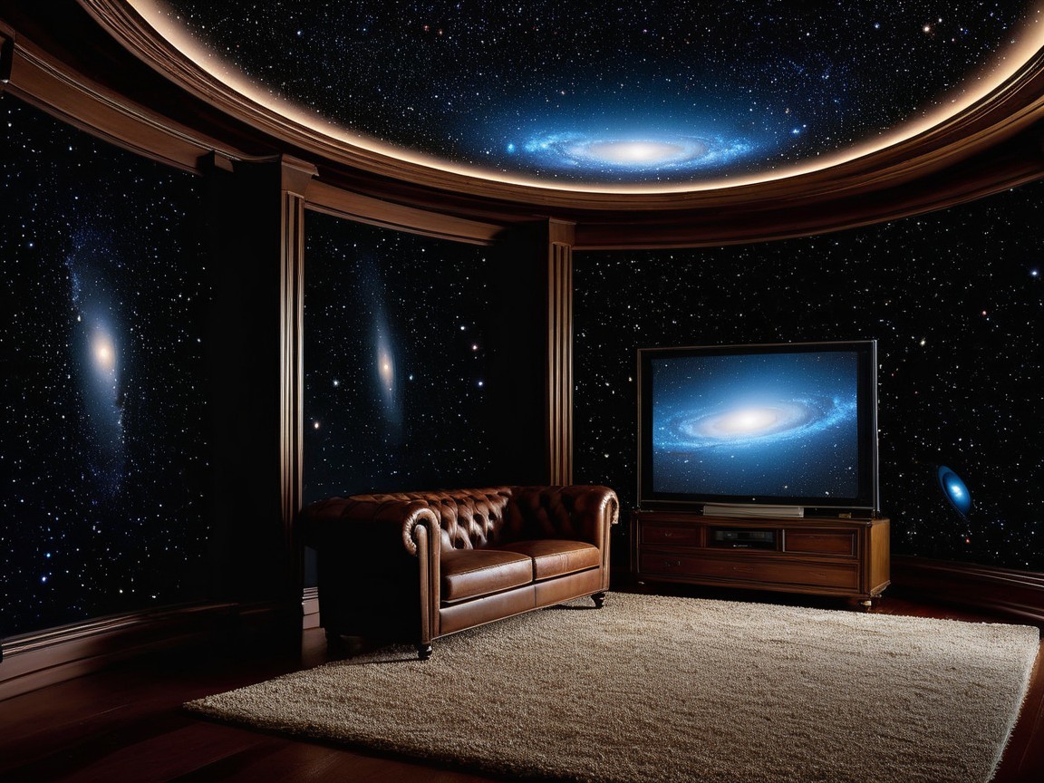 Modern Living Space with Cosmic Decor and Leather Sofa