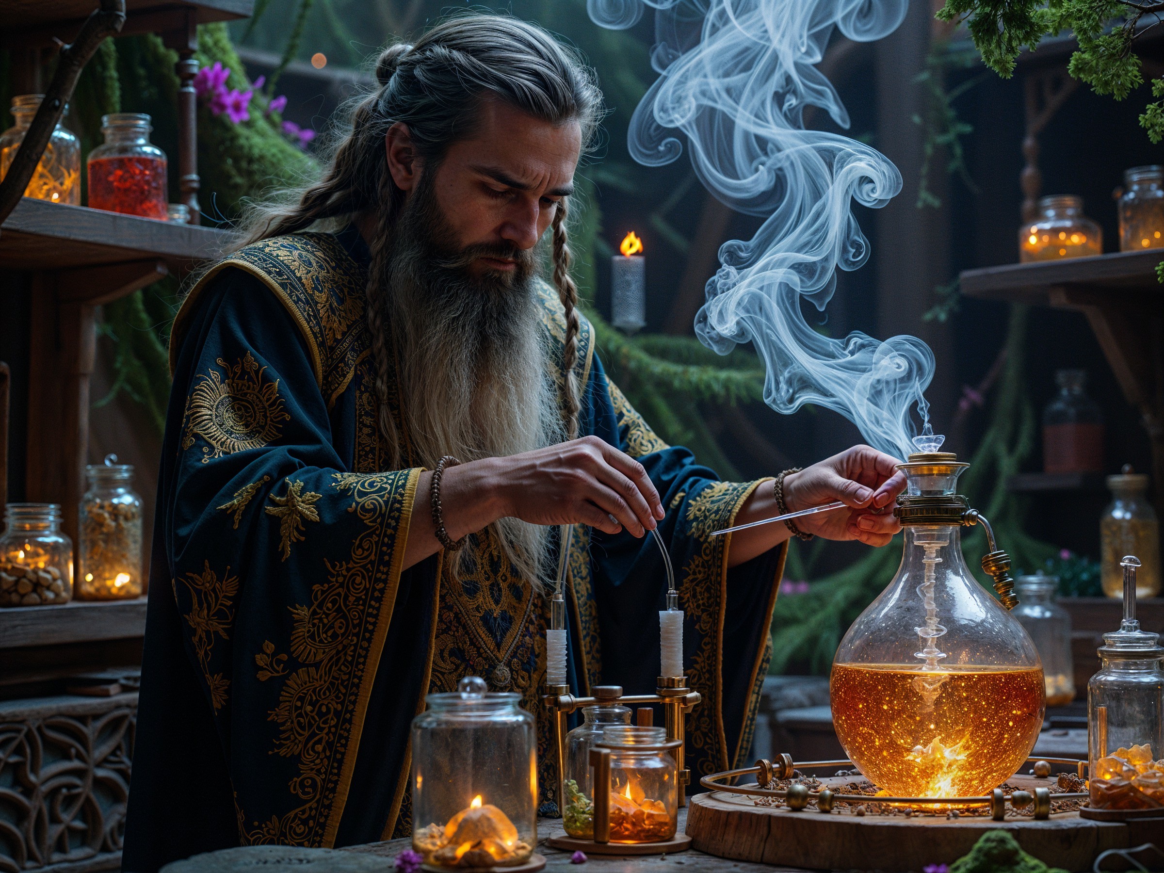 Mystical Apothecary with Alchemist and Bubbling Potion