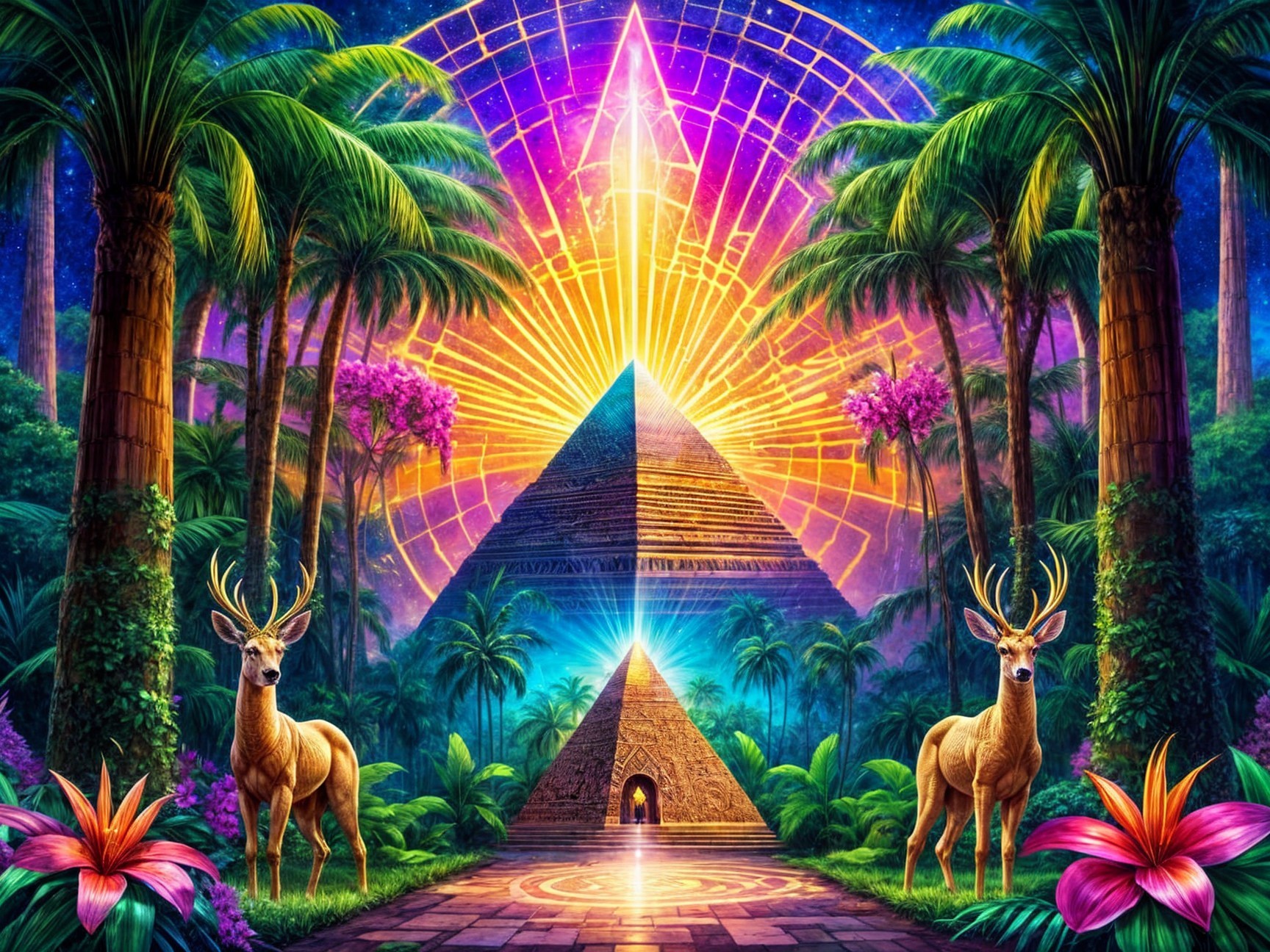 Mystical Landscape with Deer and Glowing Pyramids