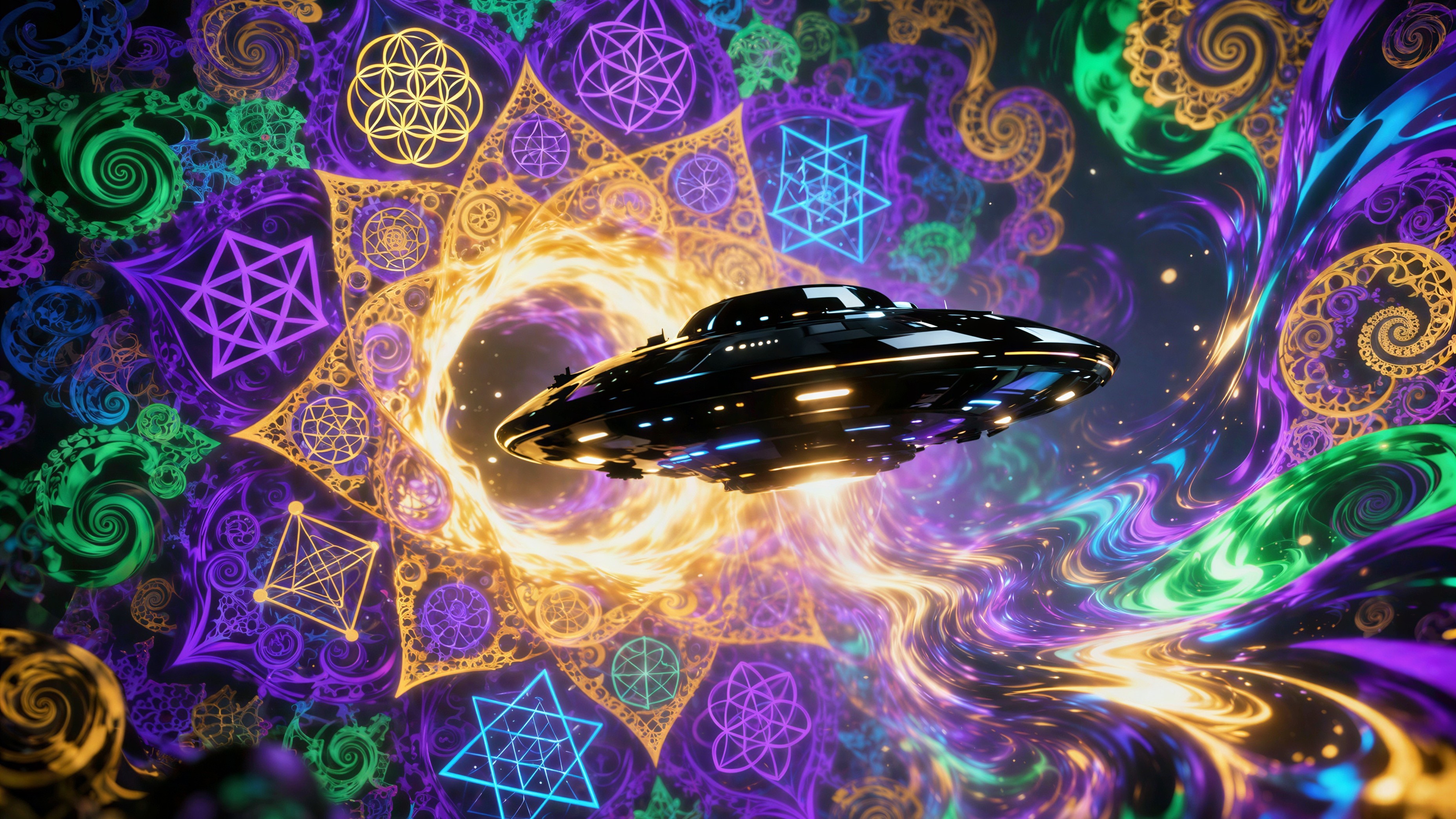 UFO in Cosmic Wormhole with Geometric Patterns