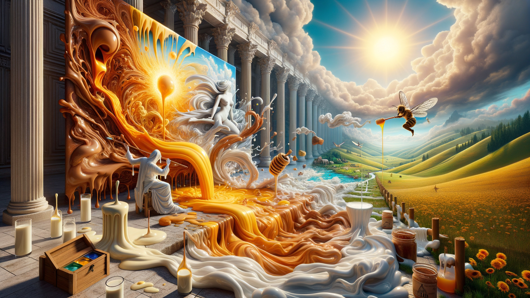 Surreal Scene of Goddess with Golden Syrup Cascade