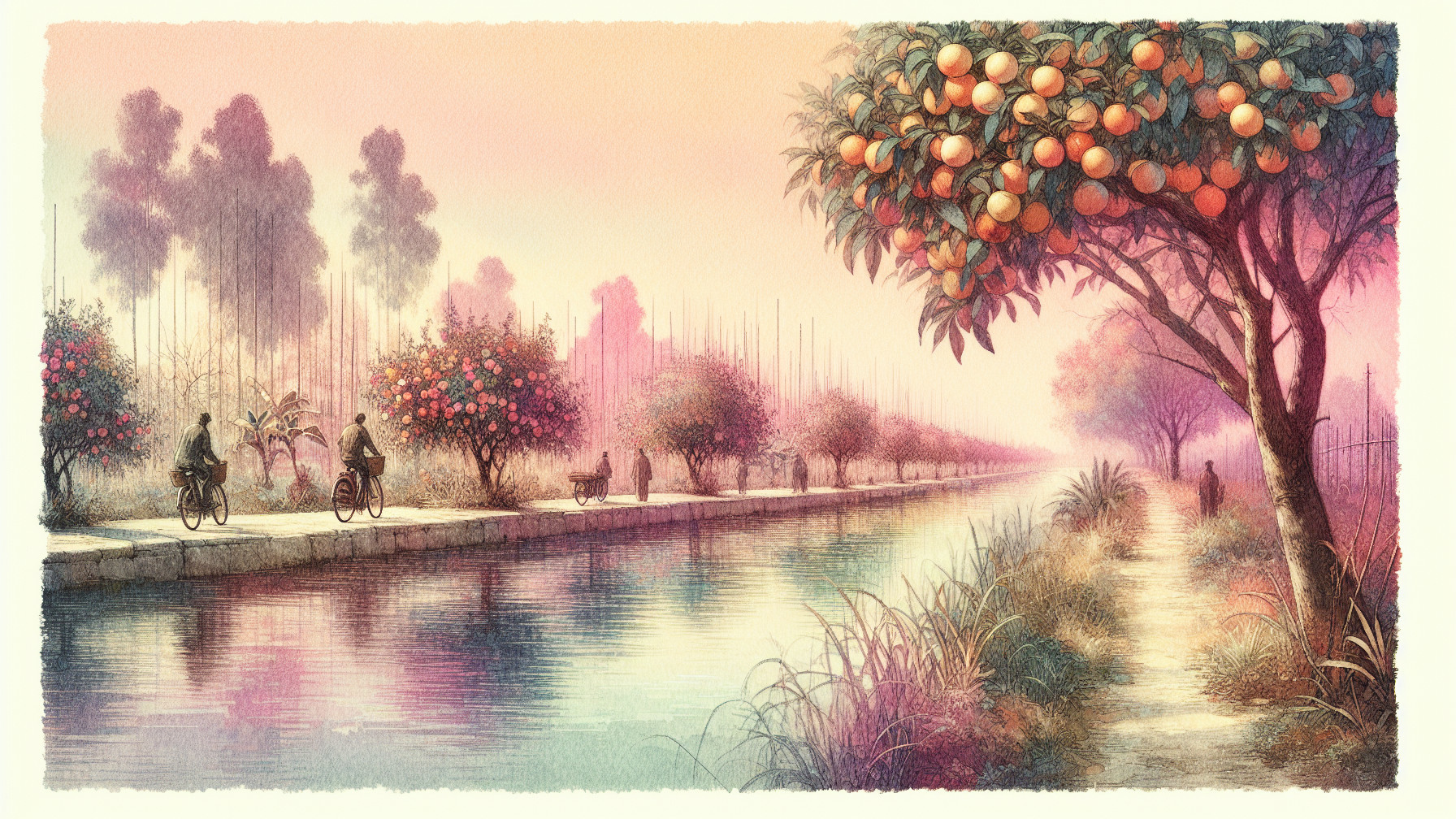 Serene Canal Landscape with Cyclists and Lush Flora