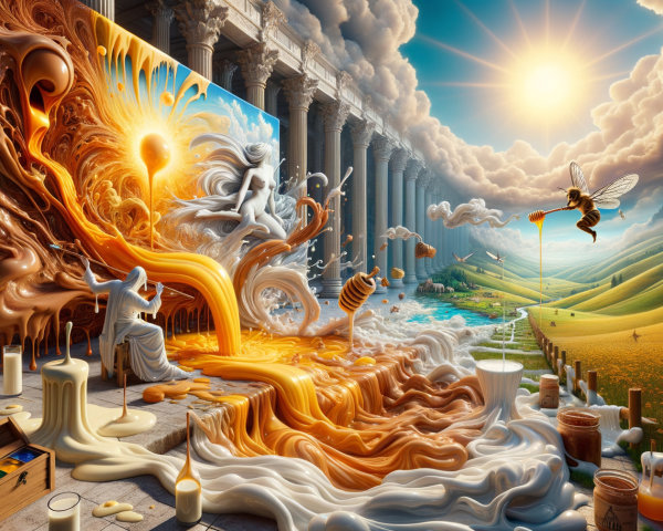 Surreal Scene of Goddess with Golden Syrup Cascade