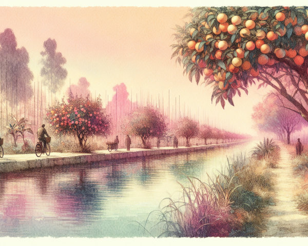Serene Canal Landscape with Cyclists and Lush Flora