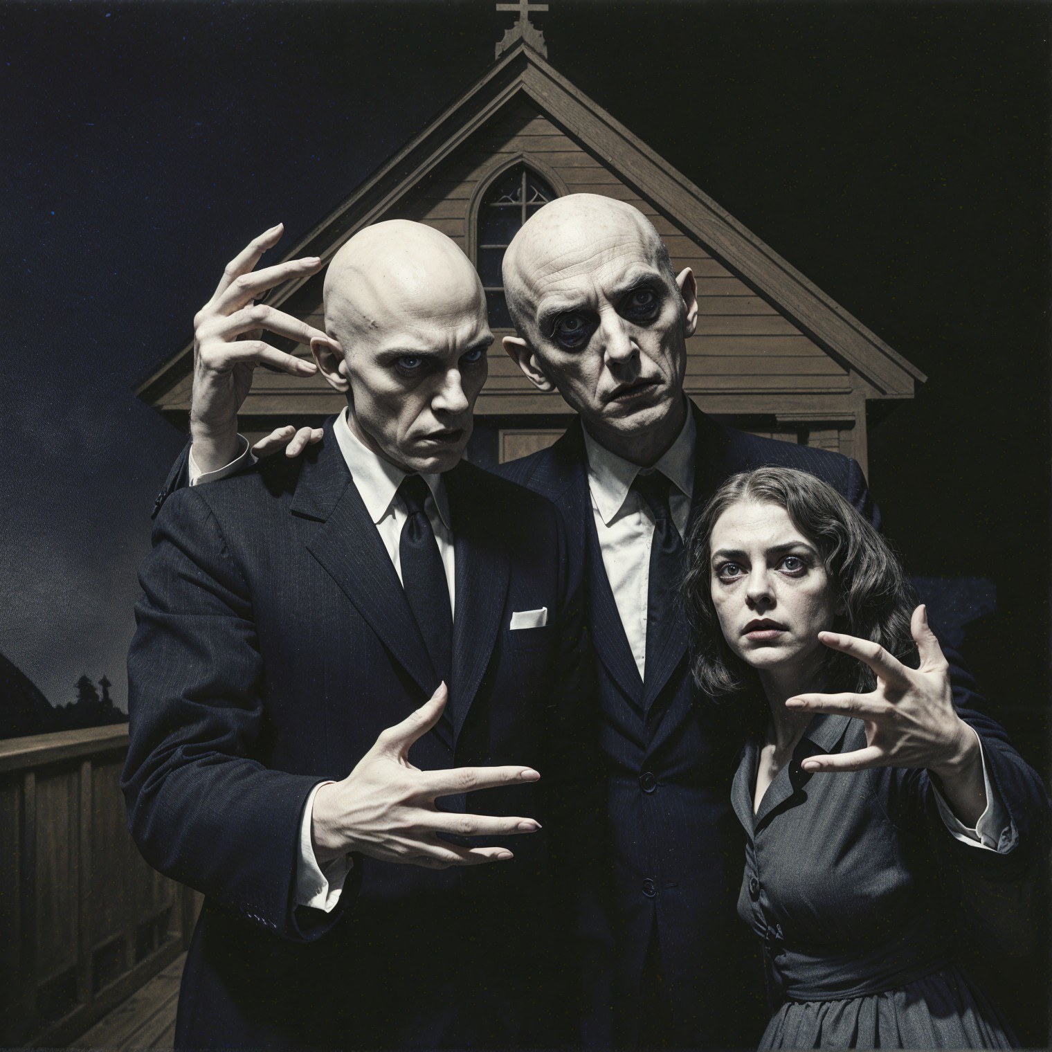 Eerie Figures in Dimly Lit Setting with Old House