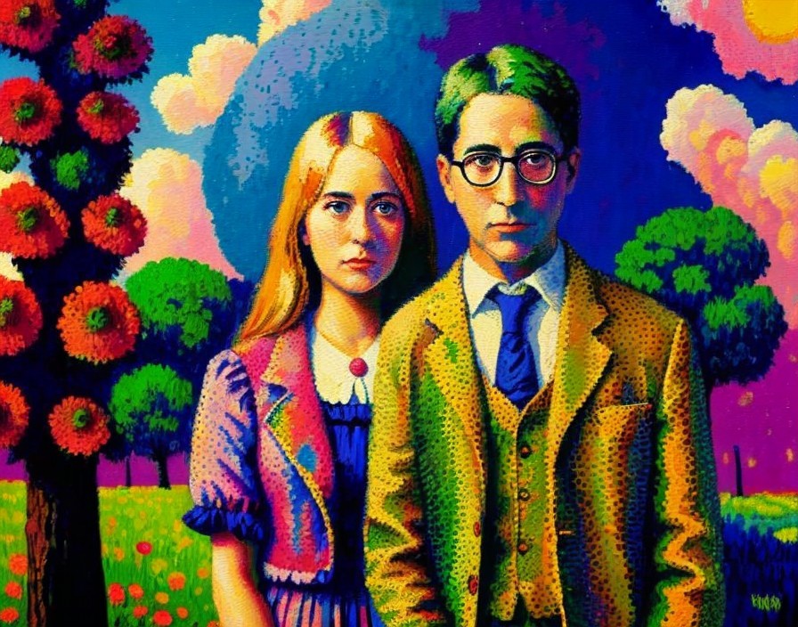Colorful painting of couple in vibrant landscape