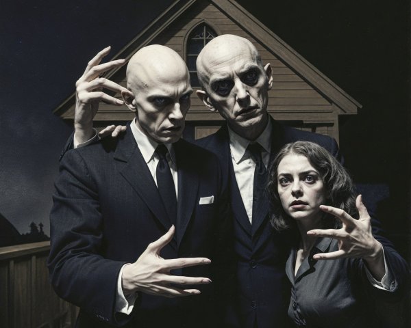 Eerie Figures in Dimly Lit Setting with Old House