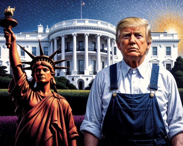 Figure in Overalls Before White House with Sunrise