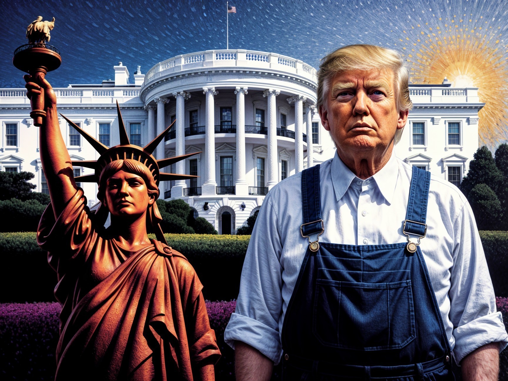 Figure in Overalls Before White House with Sunrise