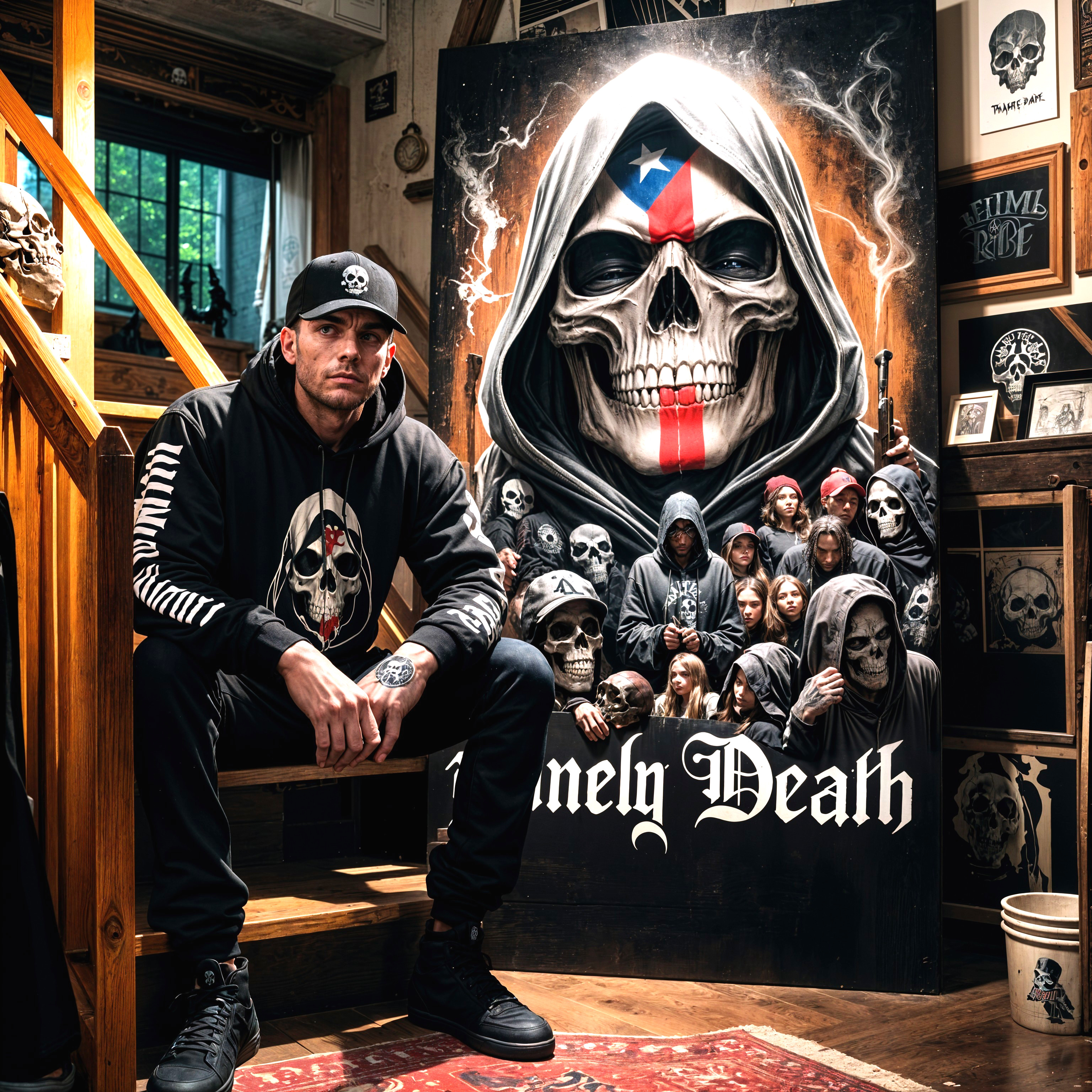 Young man on stairs in front of "Lonely Death" mural