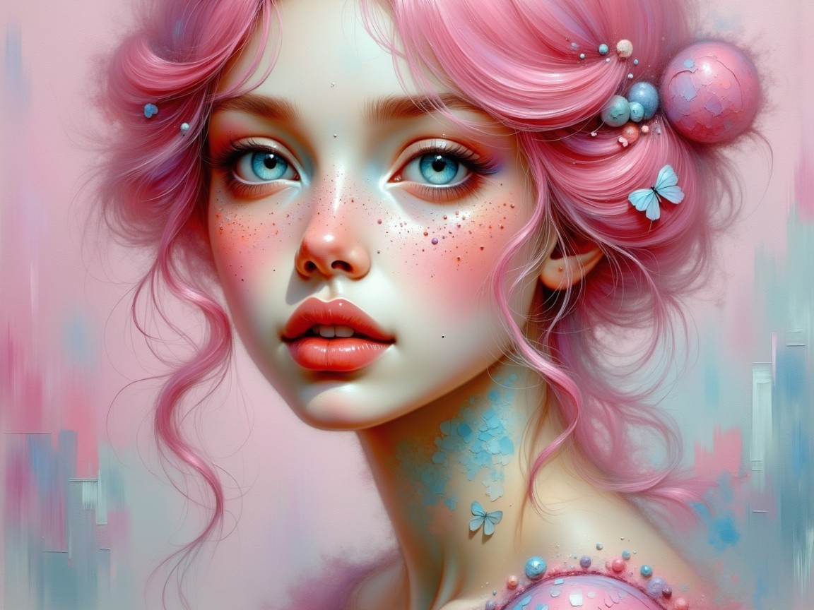 Portrait of a Young Woman with Pink Hair and Butterflies
