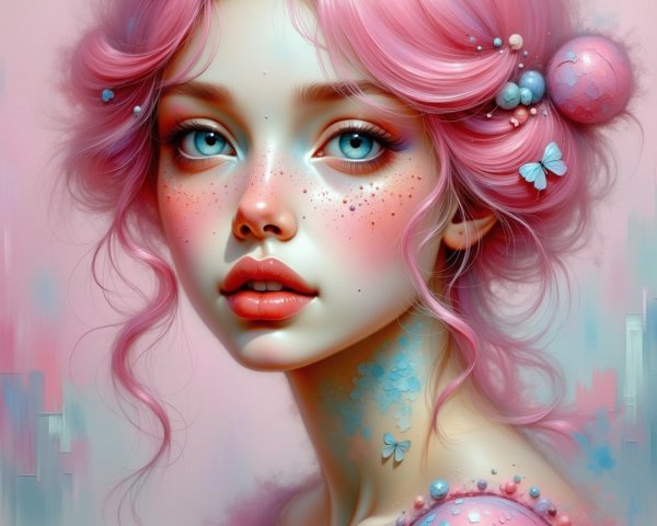 Portrait of a Young Woman with Pink Hair and Butterflies