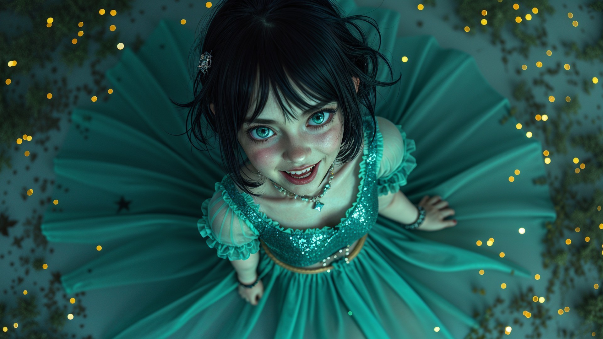 Young girl in teal dress with cheerful expression