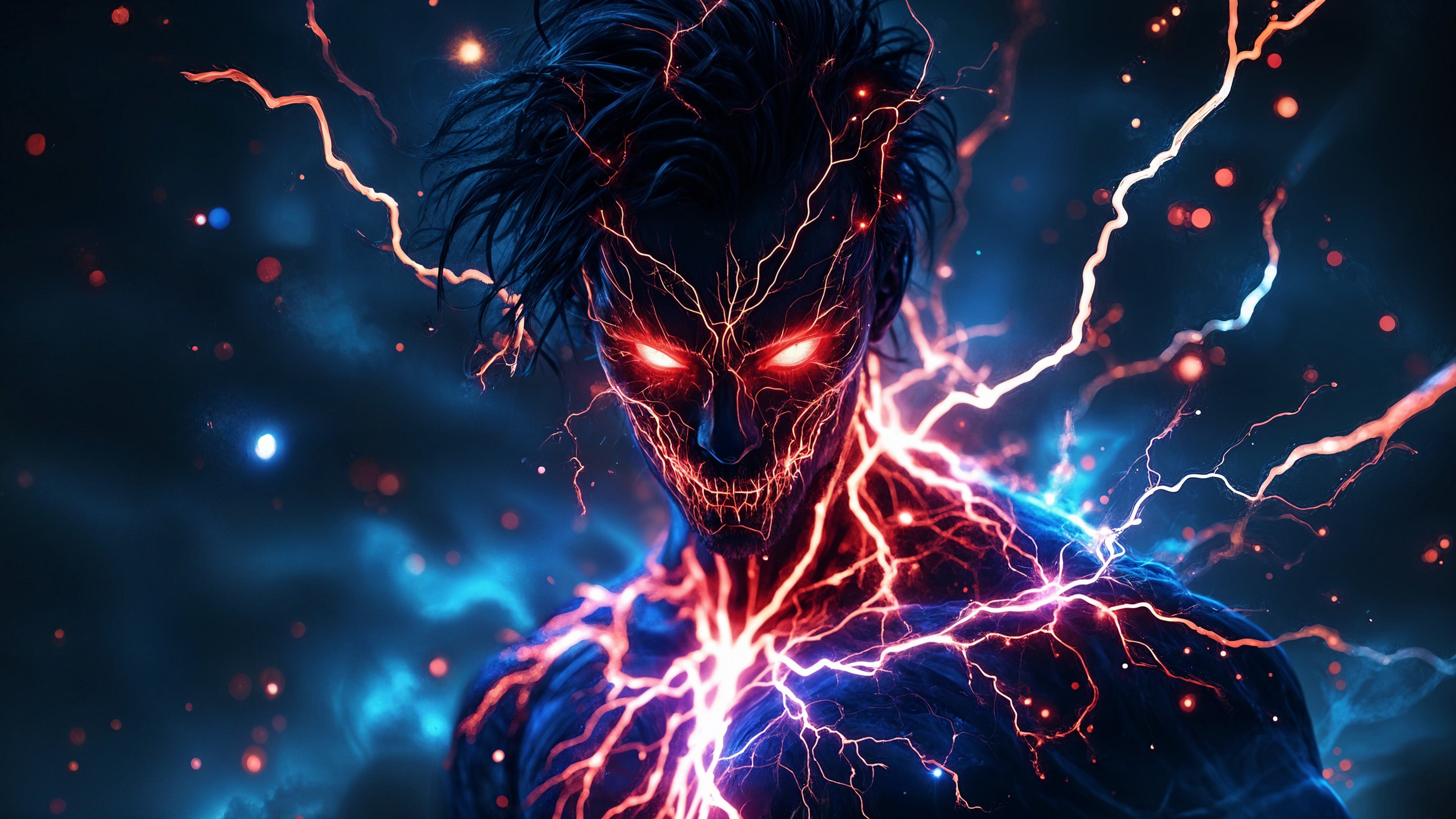 Menacing figure with skeletal face and electric energy