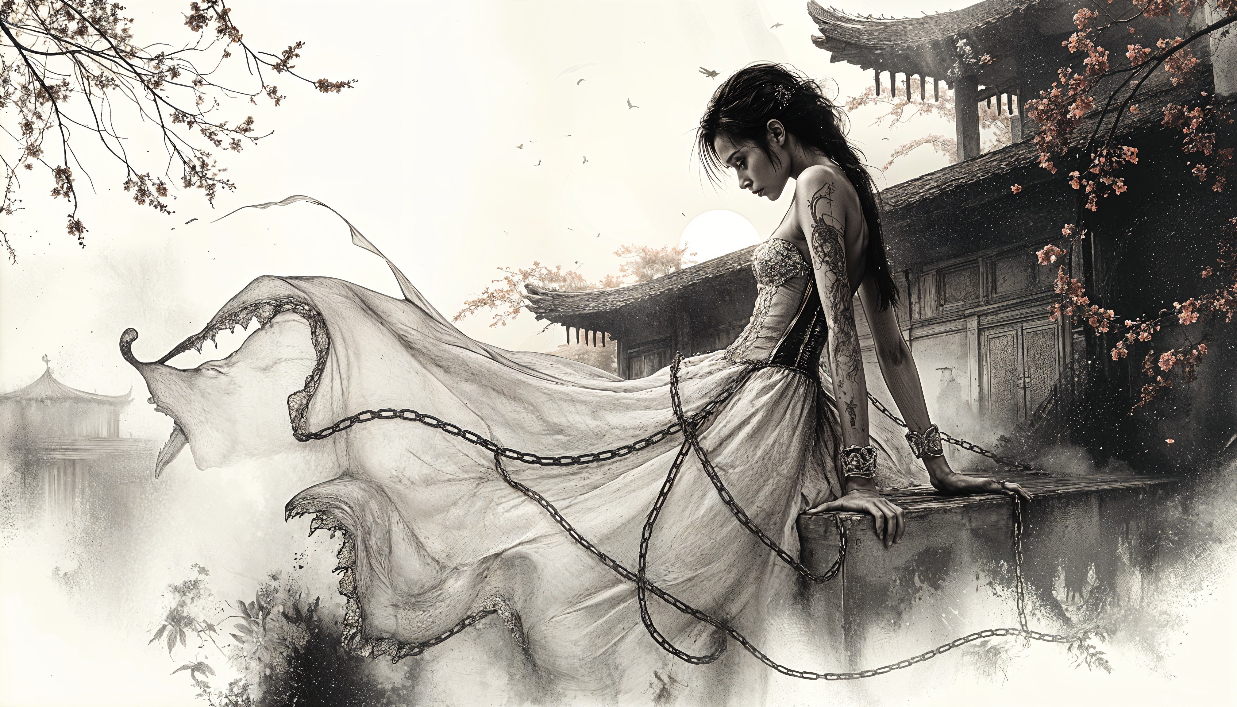 Mysterious Figure in Ethereal Dress Amidst Foggy Landscape