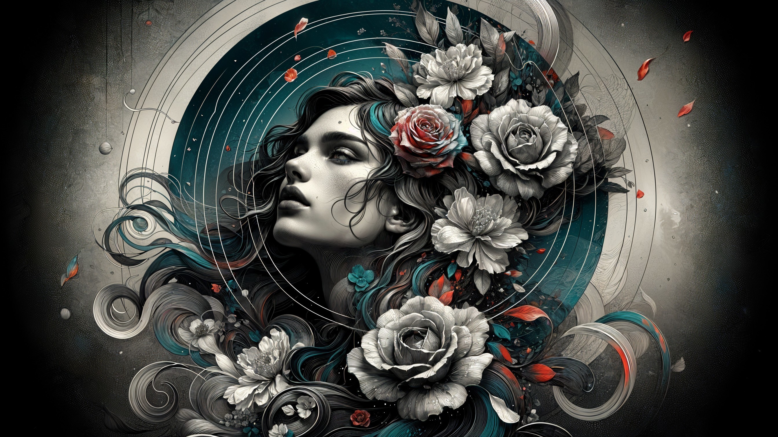 Artwork of a Woman with Flowers and Circular Patterns