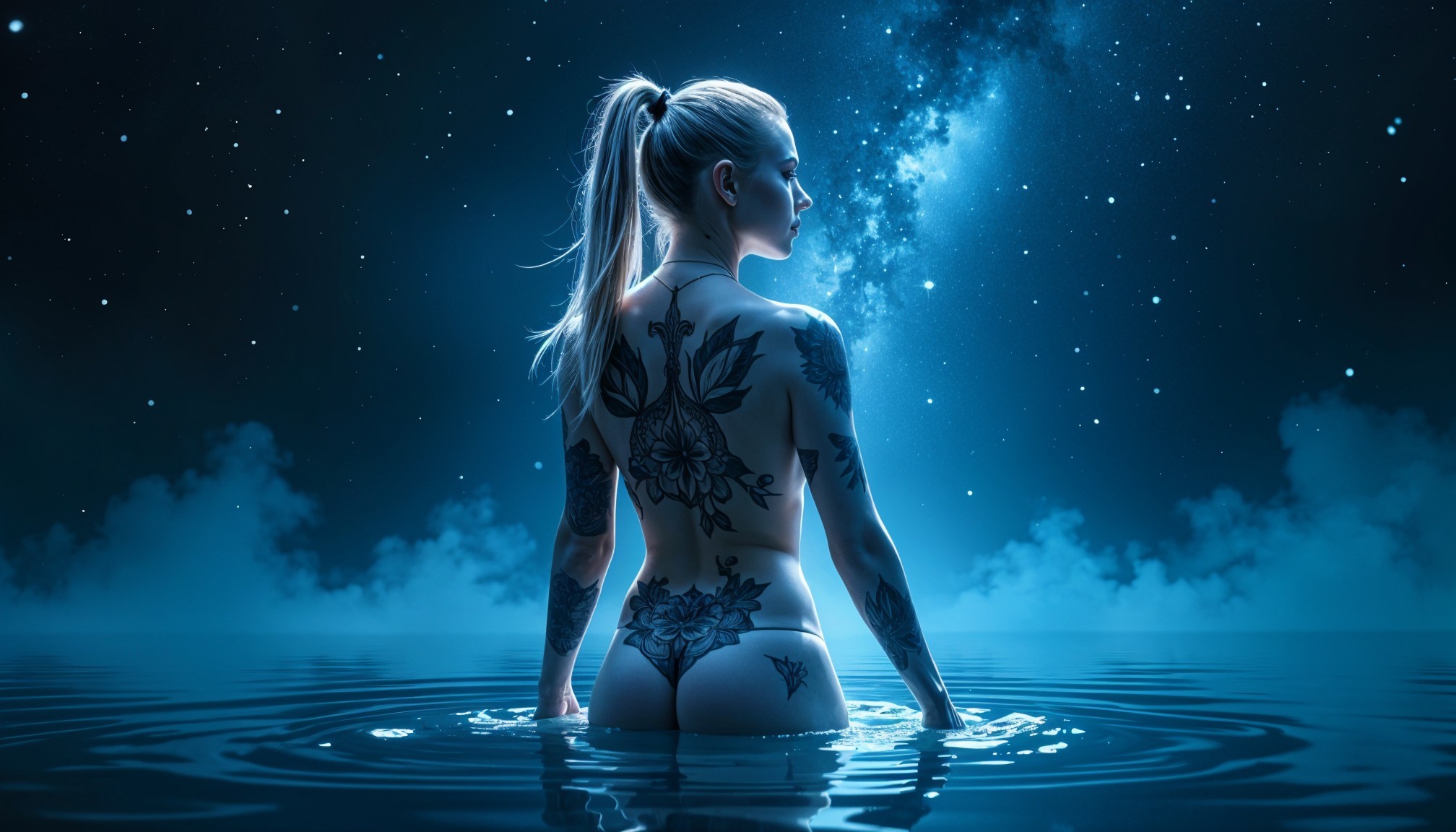 Figure in tranquil water under twilight glow with tattoos