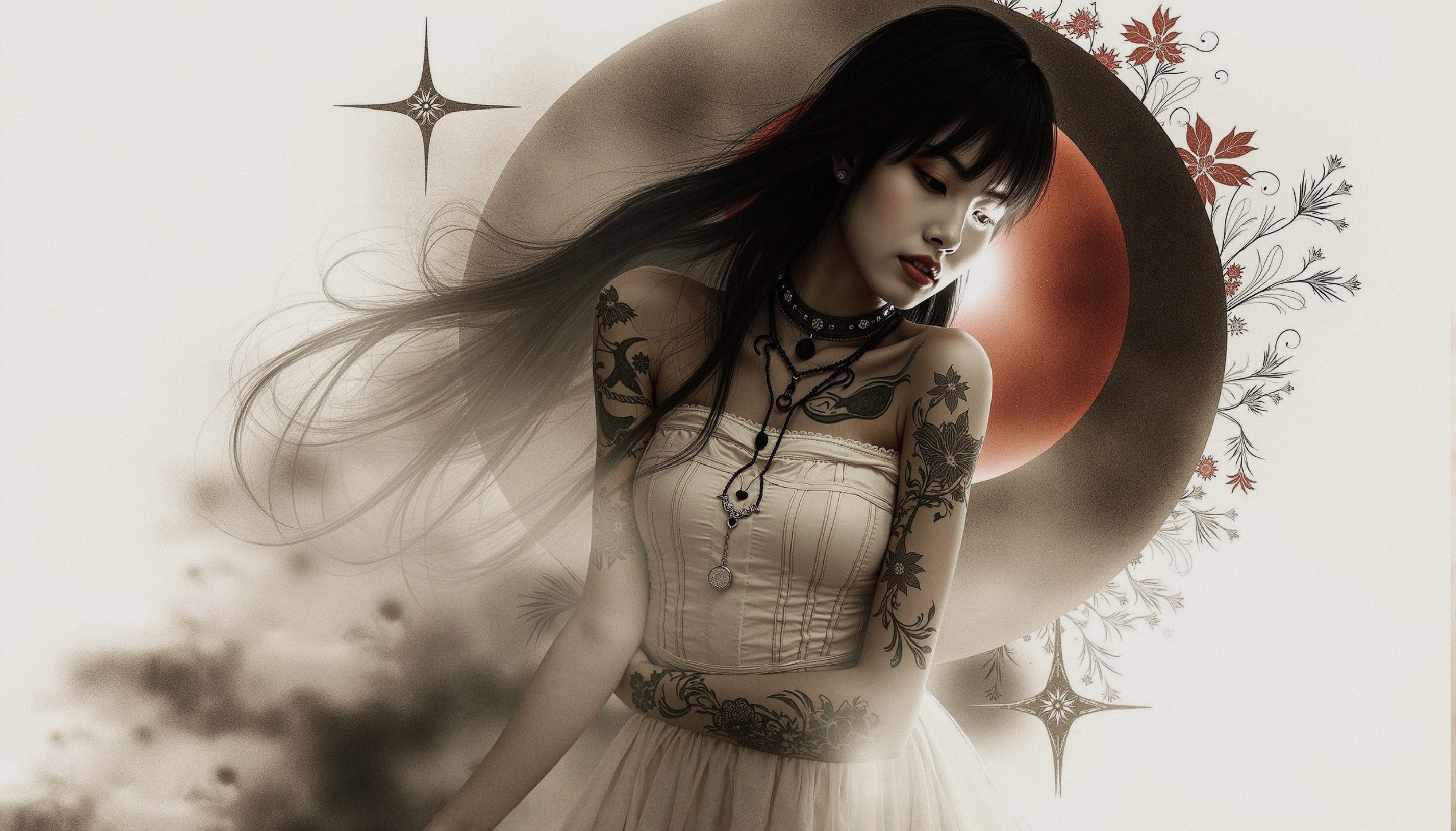 Woman with Long Hair and Intricate Tattoos in Dress