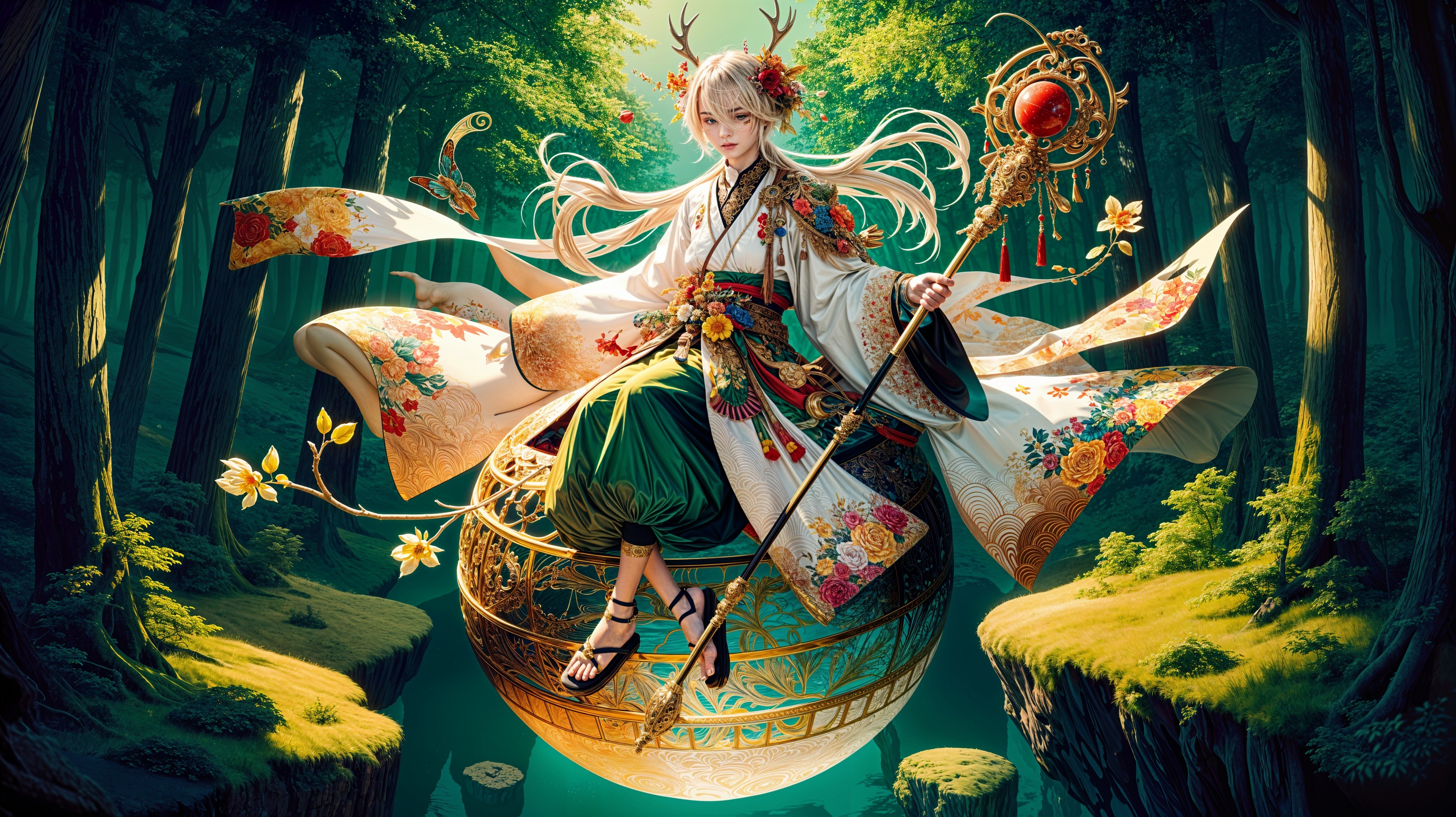 Mystical figure in colorful robes above a golden sphere