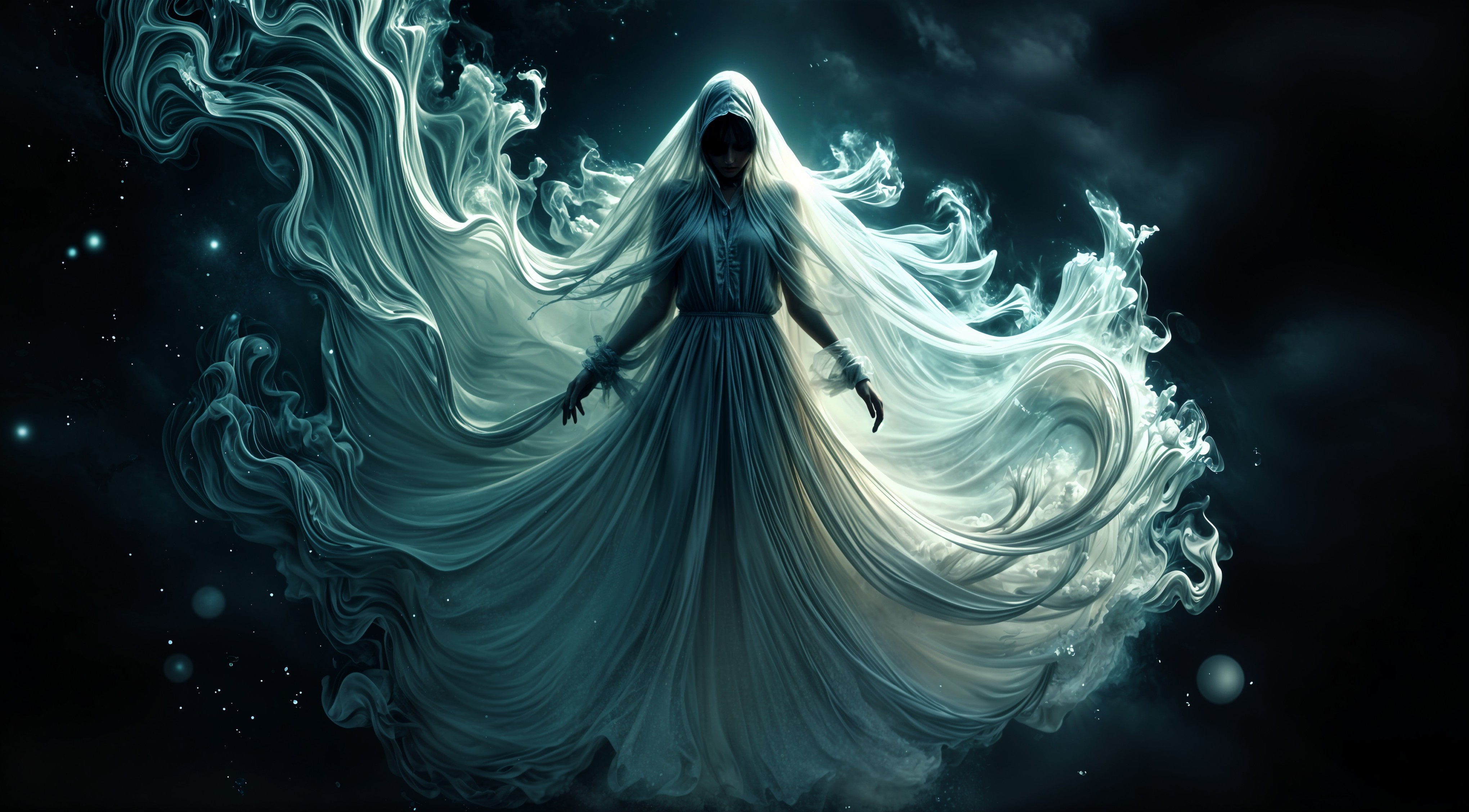 Mystical Figure in Ethereal Mist and Flowing Gown