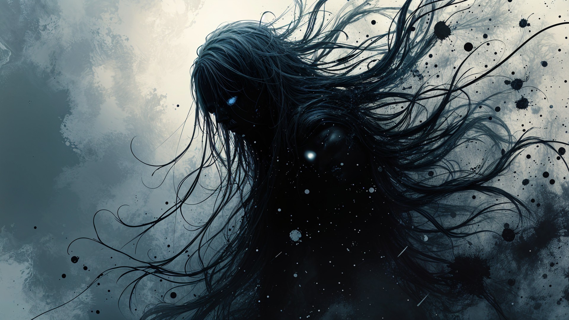 Ethereal Figure Surrounded by Ink Textures and Lights