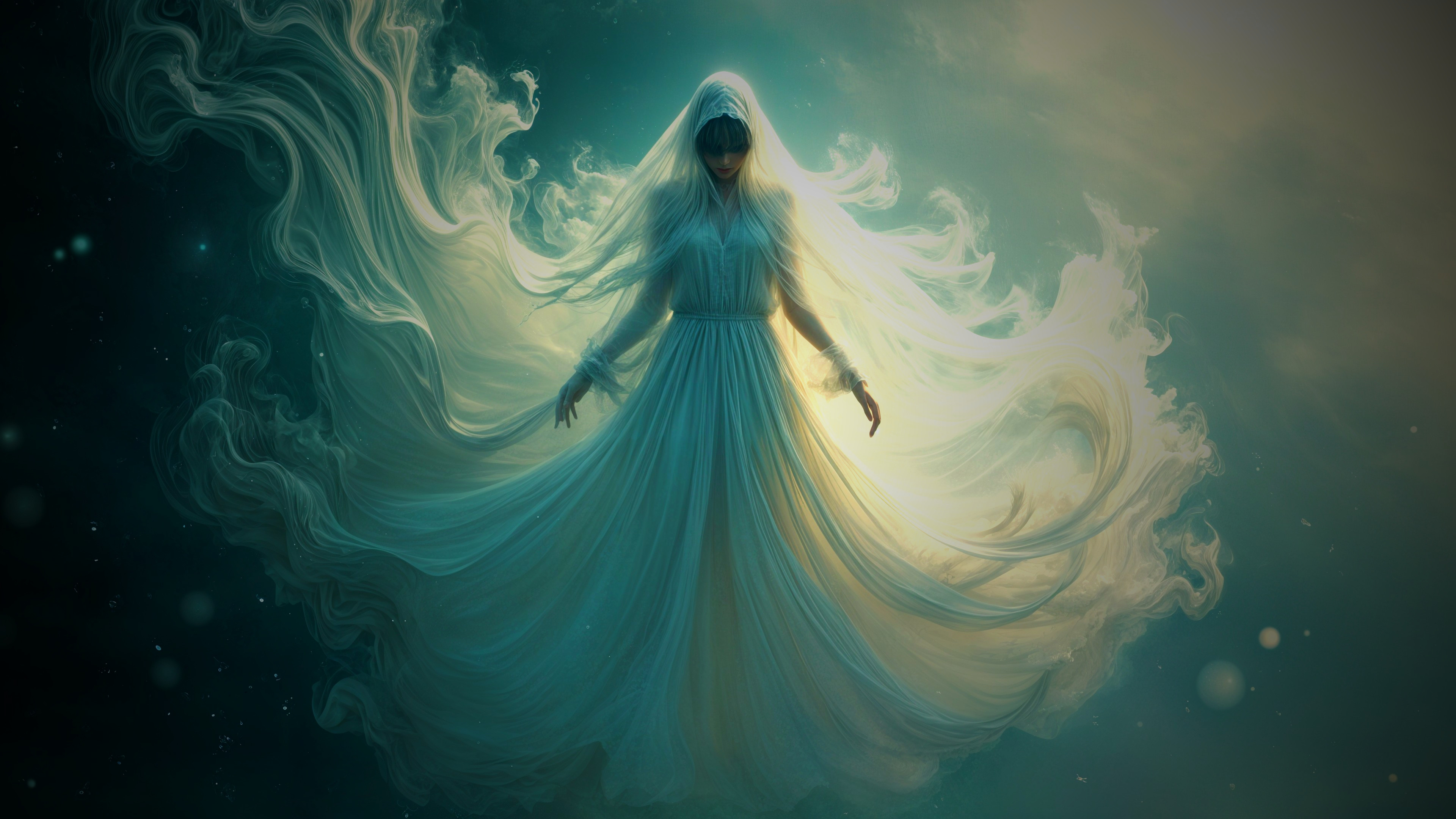 Ethereal Figure in Translucent Fabric Amidst Mystical Light