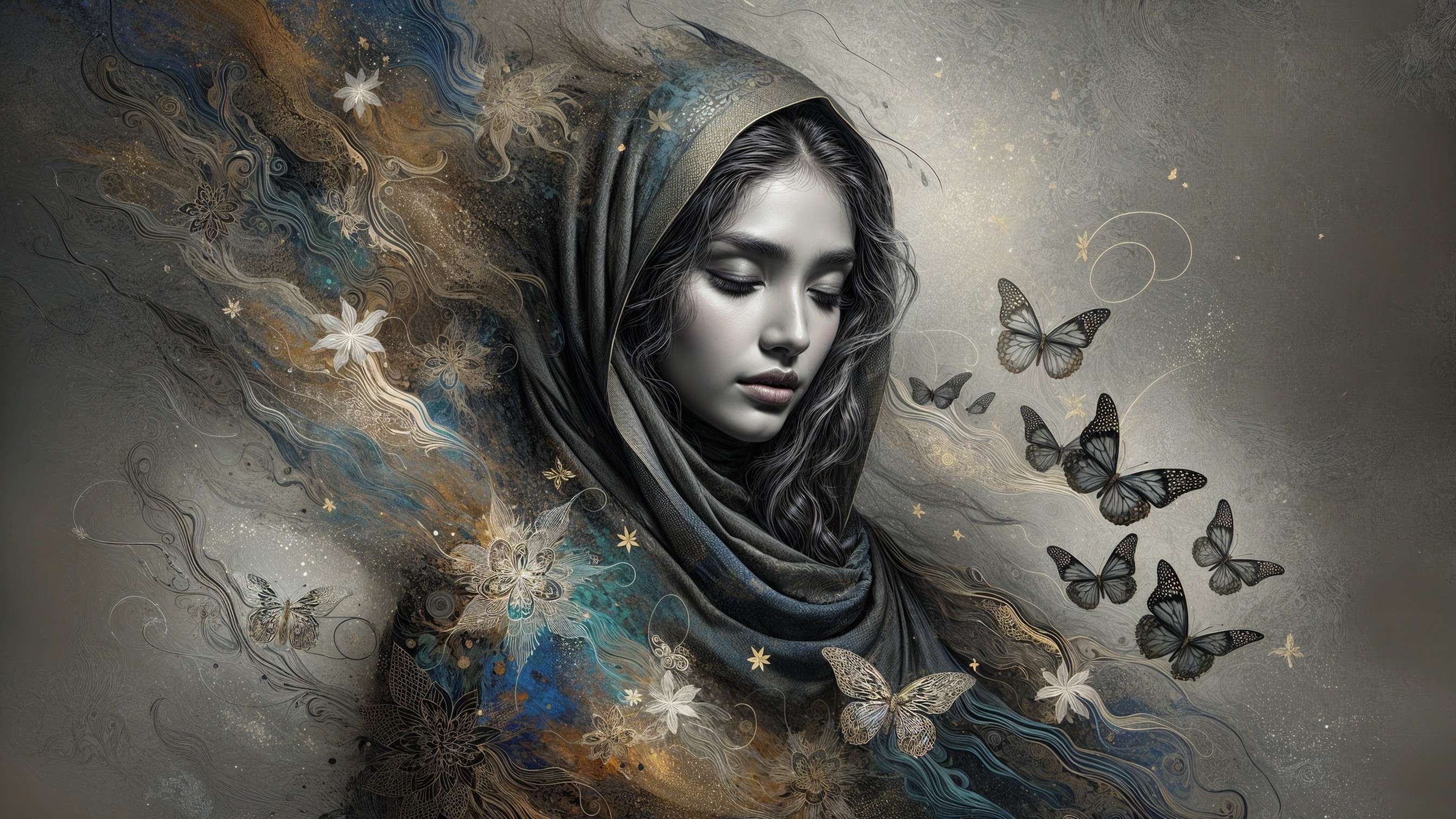 Portrait of a Young Woman with Butterflies and Flowers