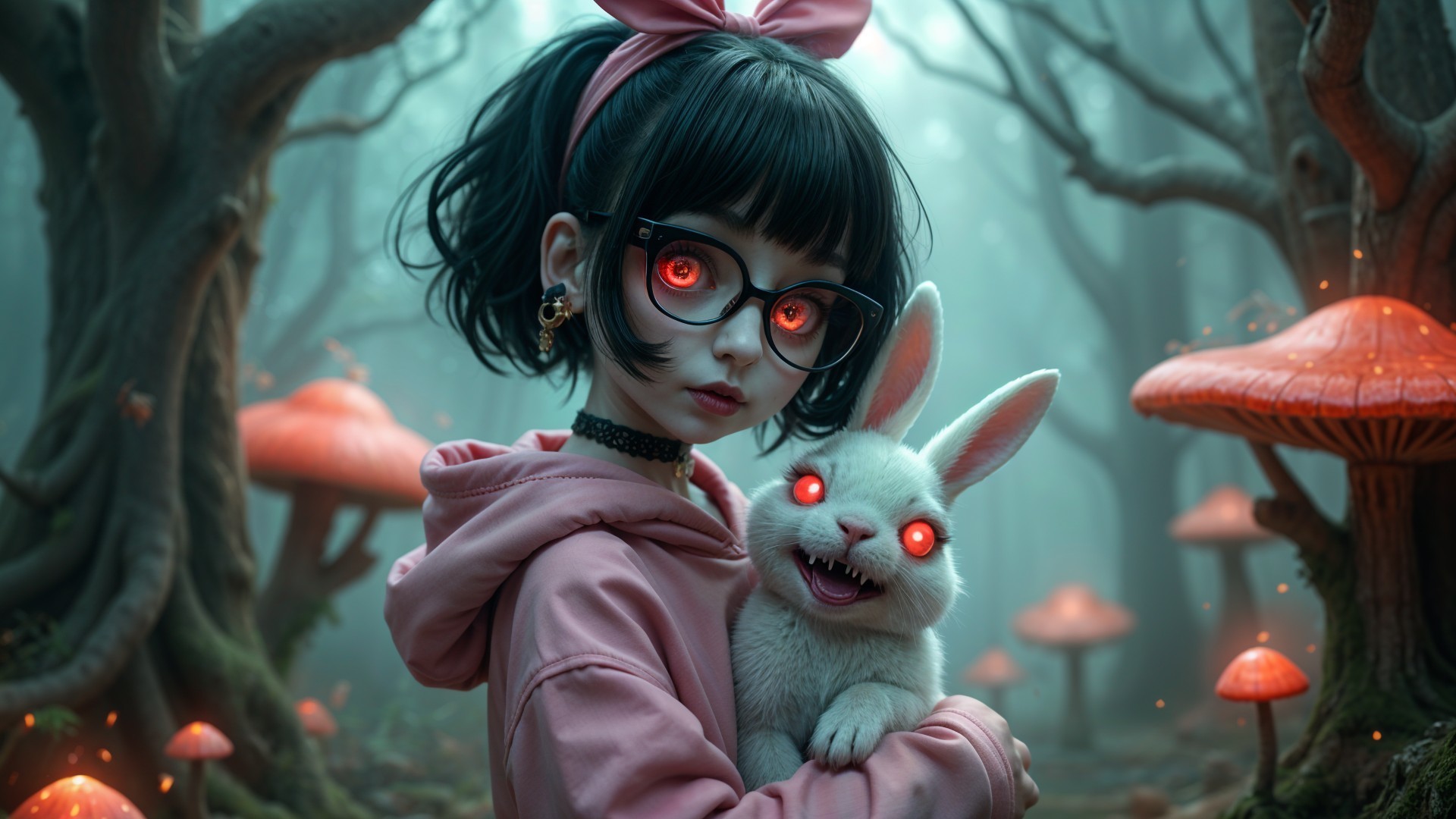 Mystical forest scene with glowing mushrooms and rabbit