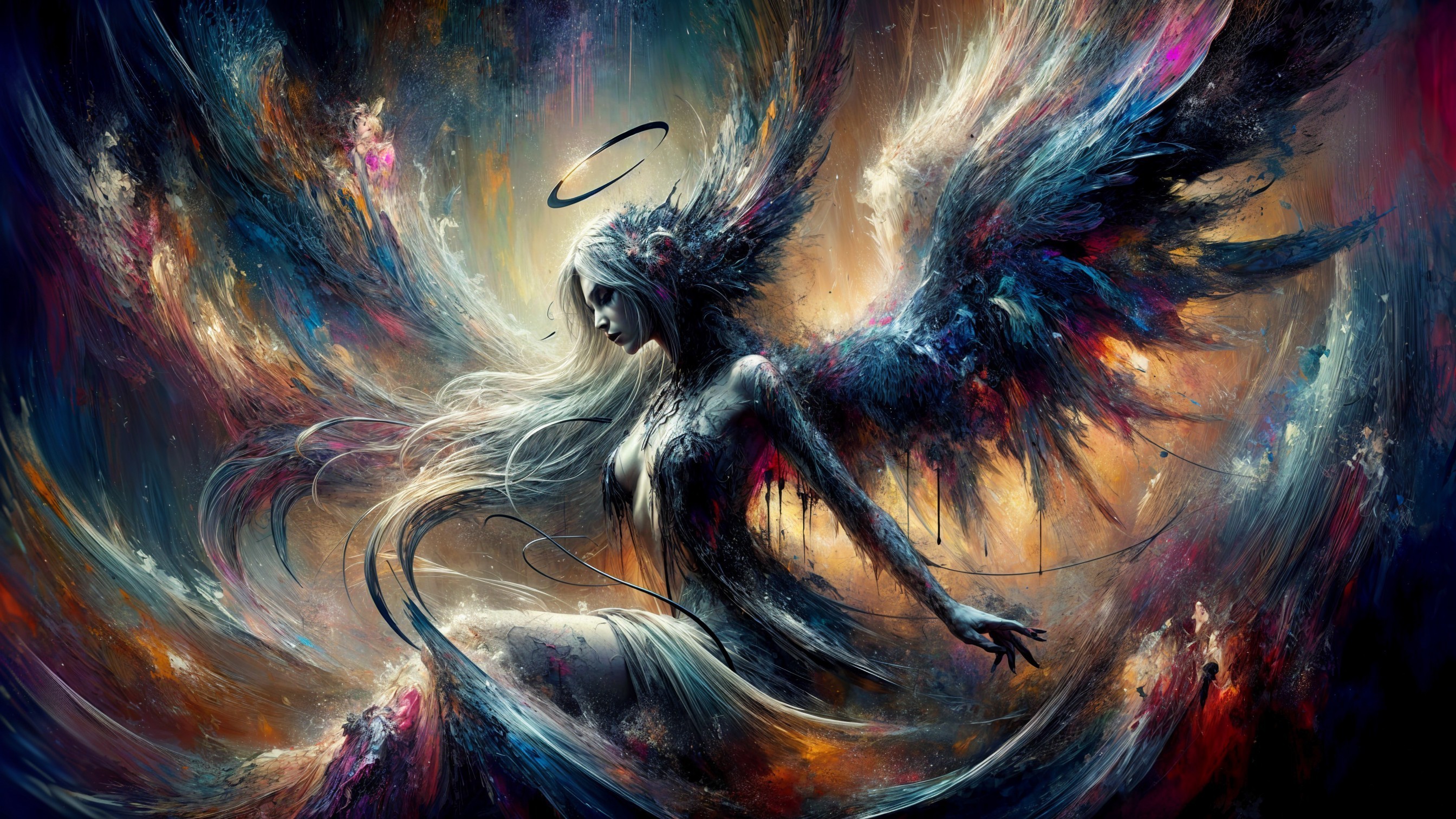 Ethereal Figure with Majestic Wings in Colorful Scene