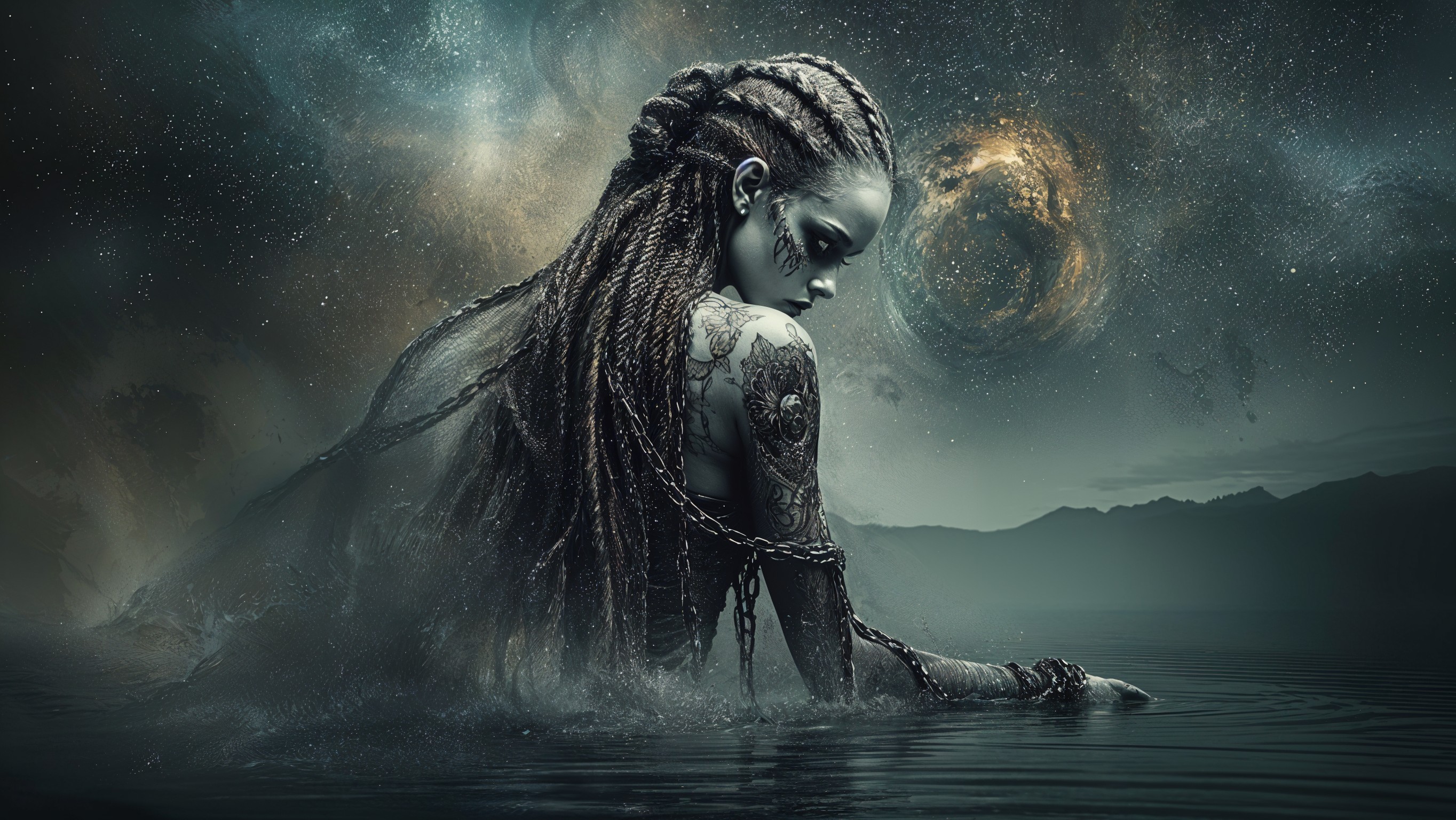 Mystical Figure in Cosmic Waters with Intricate Tattoos