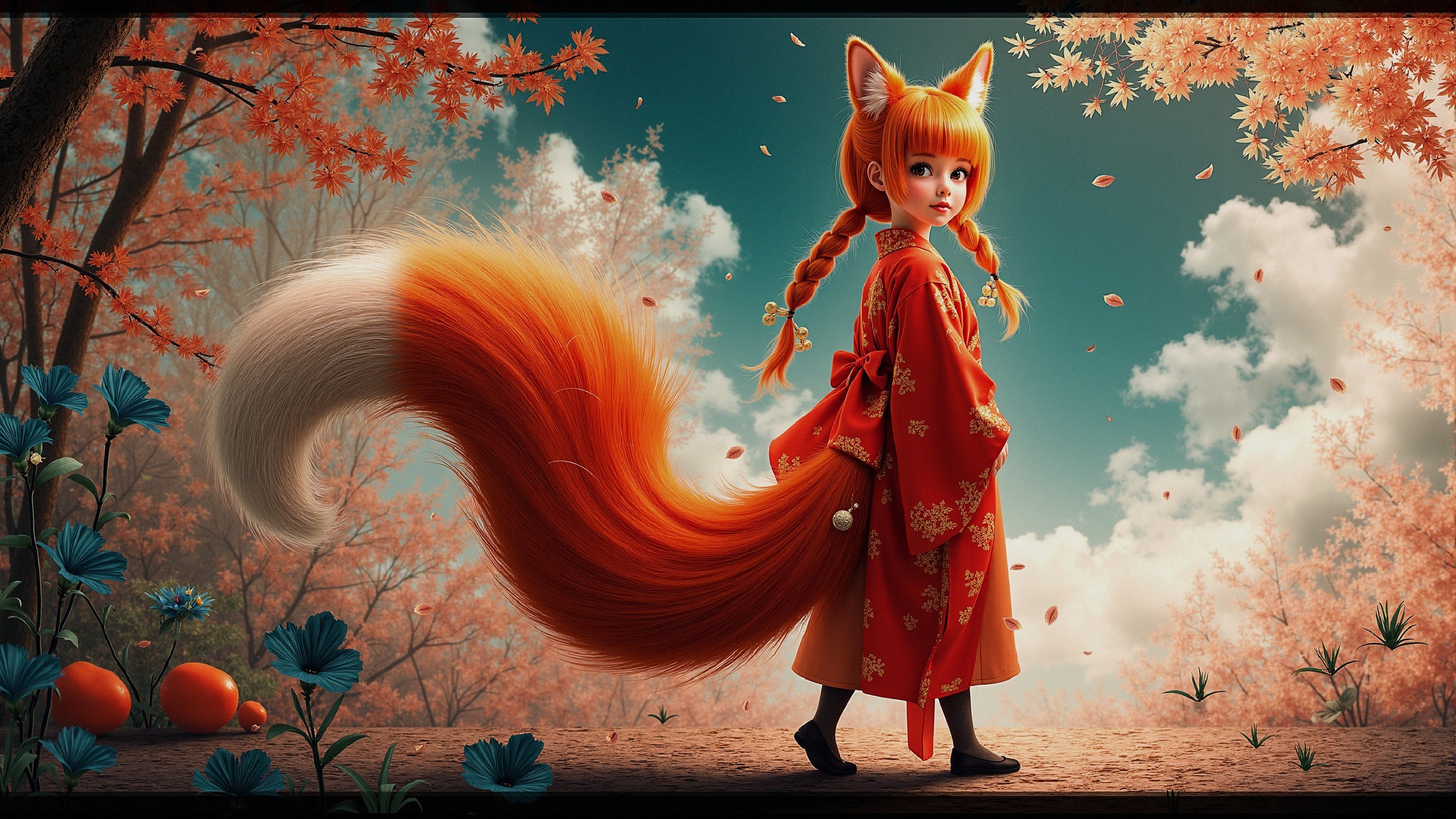 Young girl with fox ears in autumn landscape